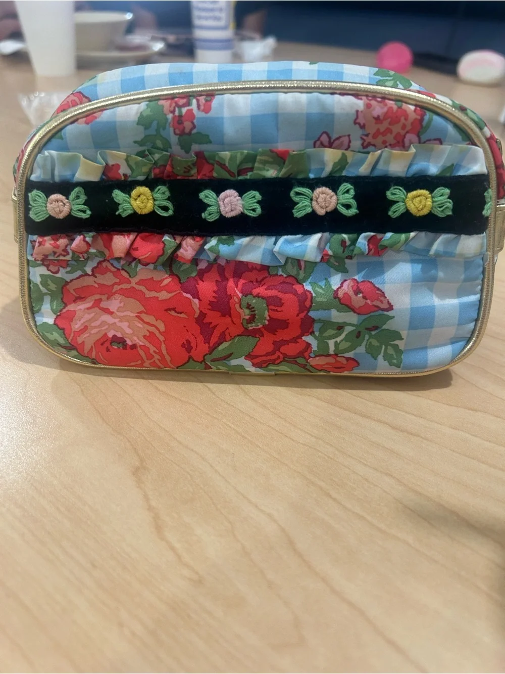 Vintage Betseyville small Floral Gingham Cosmetic Bag - Blue & Pink